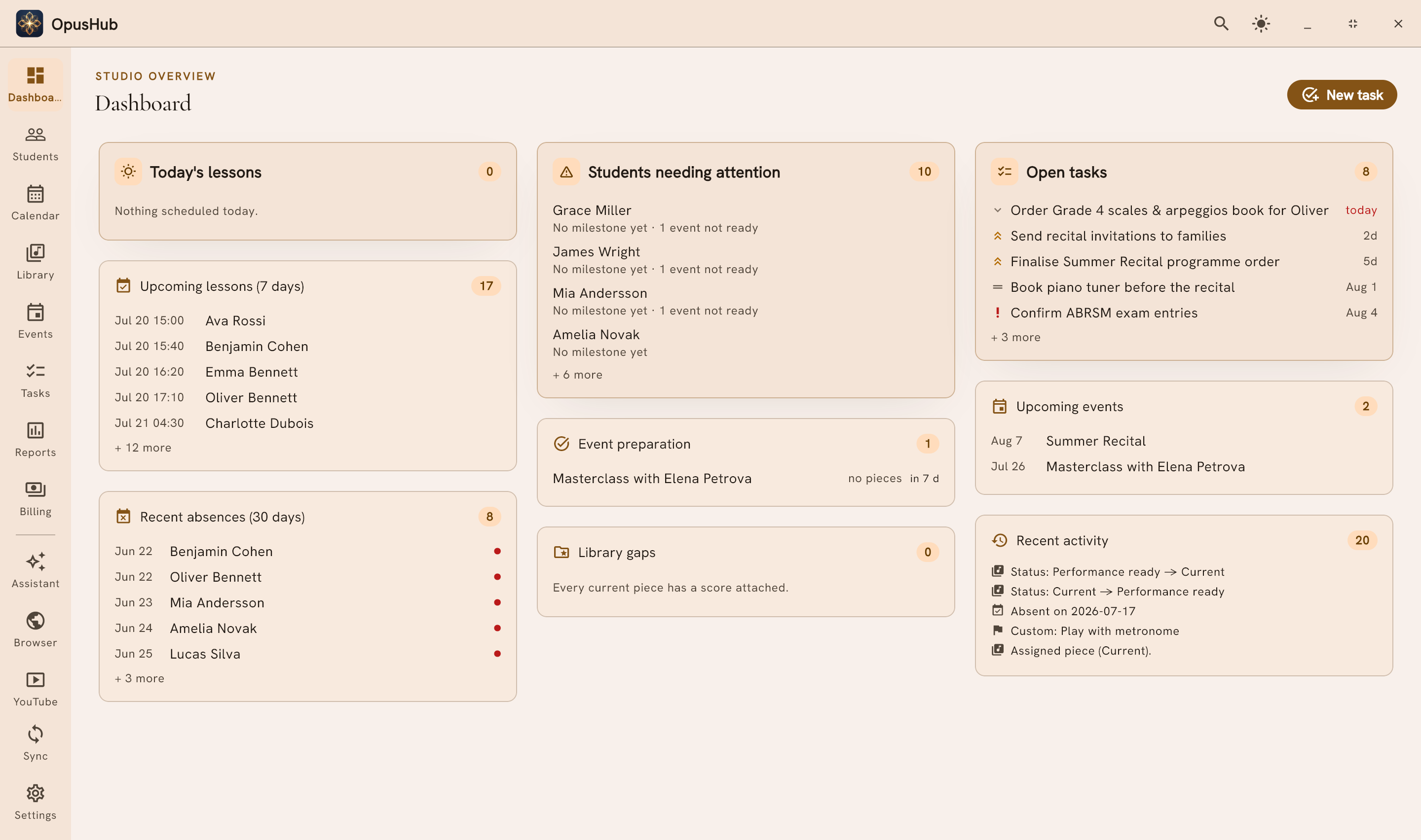The OpusHub Studio dashboard, showing today's lessons and studio attention cards